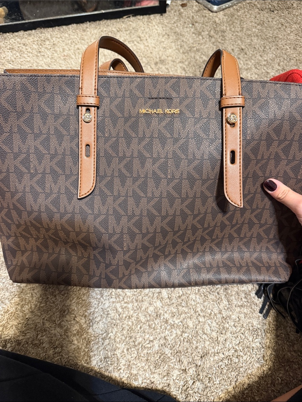 Michael Kors Brown MK Logo Tote with Tan Leather Handles